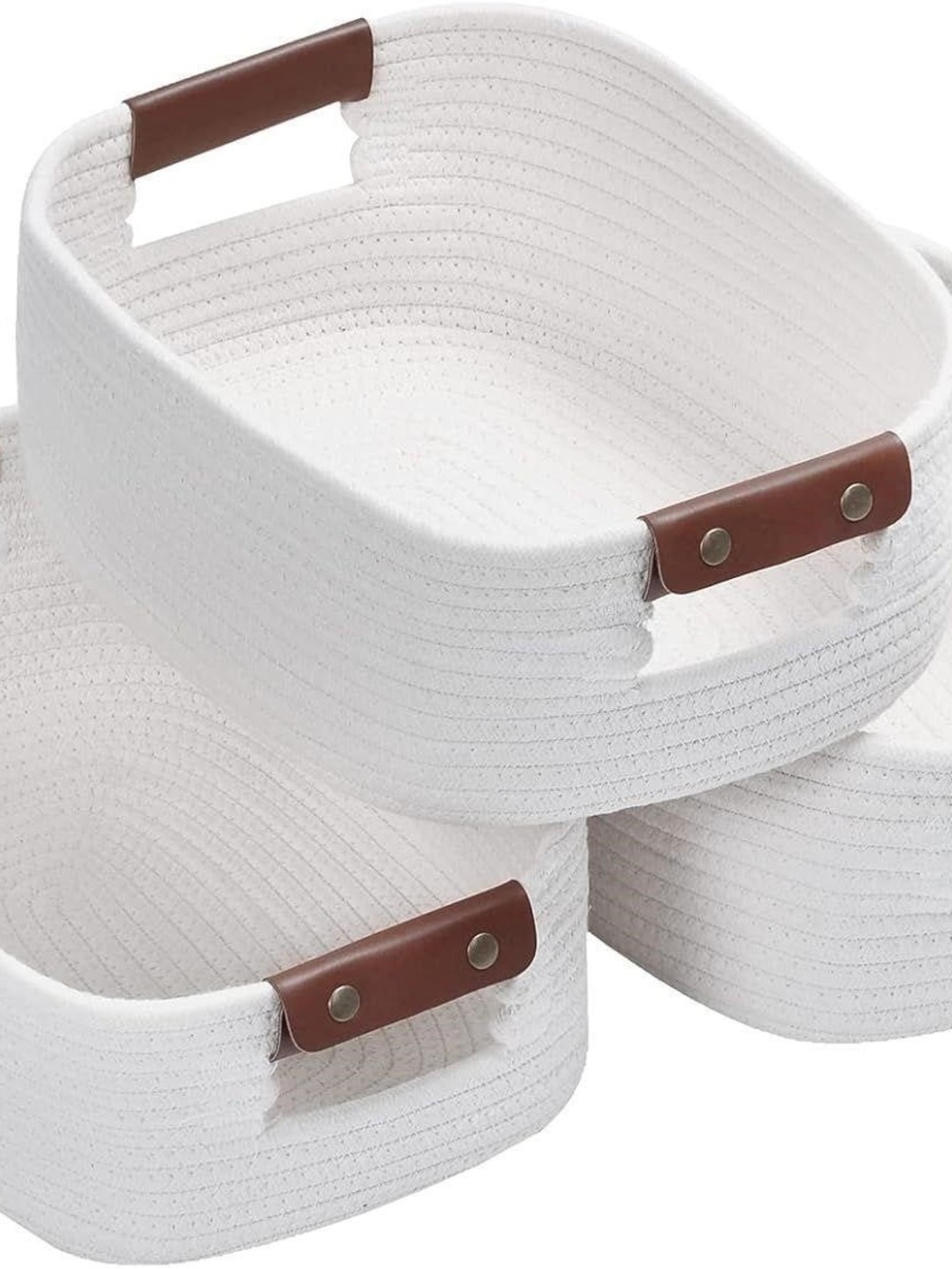 Set of White Rope Storage Baskets with Brown Faux Leather Handles